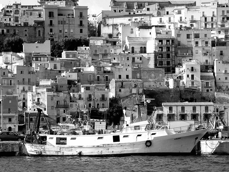 Fishing boat in coastal town