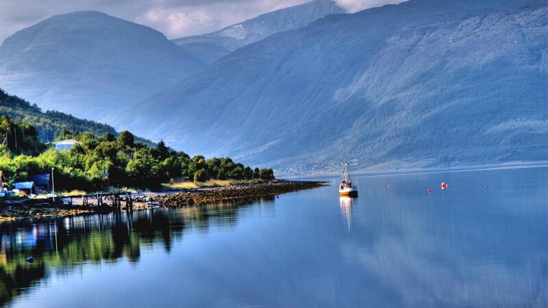 Fishing Boat in Fjord — Blue