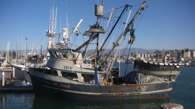 Fishing Boat in Harbor — Blue, Calm, Afternoon, Photograph