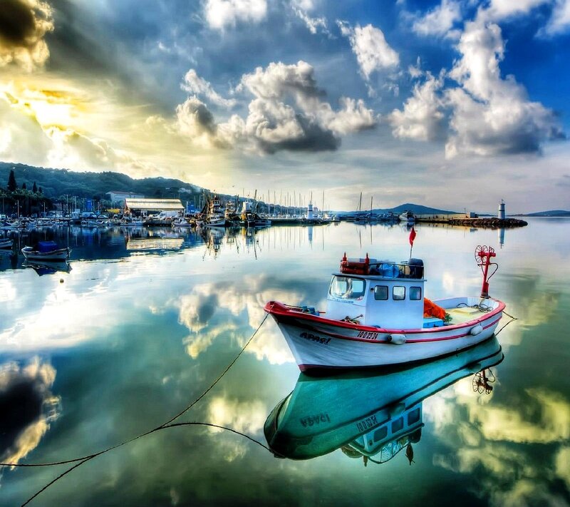 Fishing Boat in Harbor — Blue, Dramatic, Sunset, Photograph
