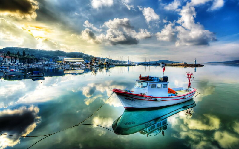 Fishing Boat in Harbor — Blue, Dramatic, Sunset
