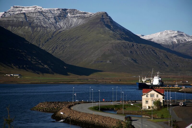 Fishing Boat in Harbor — Blue, Serene, Afternoon, Photograph, Mountain