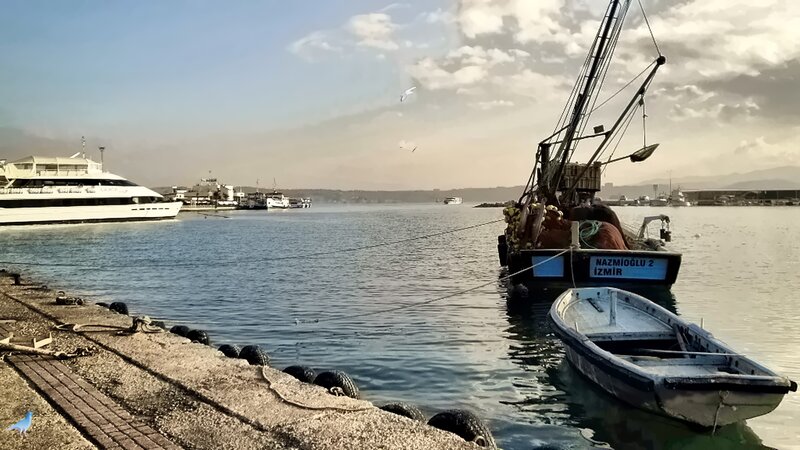 Fishing Boat in Harbor — Blue, Serene, Afternoon, Photograph