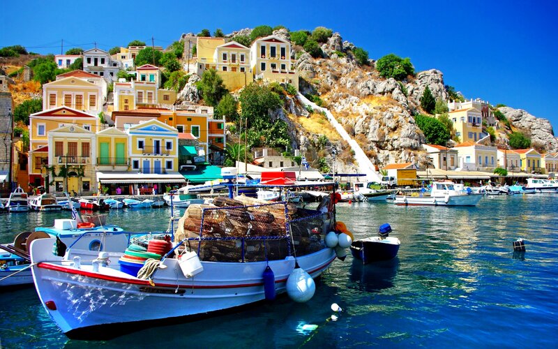 Fishing Boat in Harbor — Blue, Serene, Afternoon