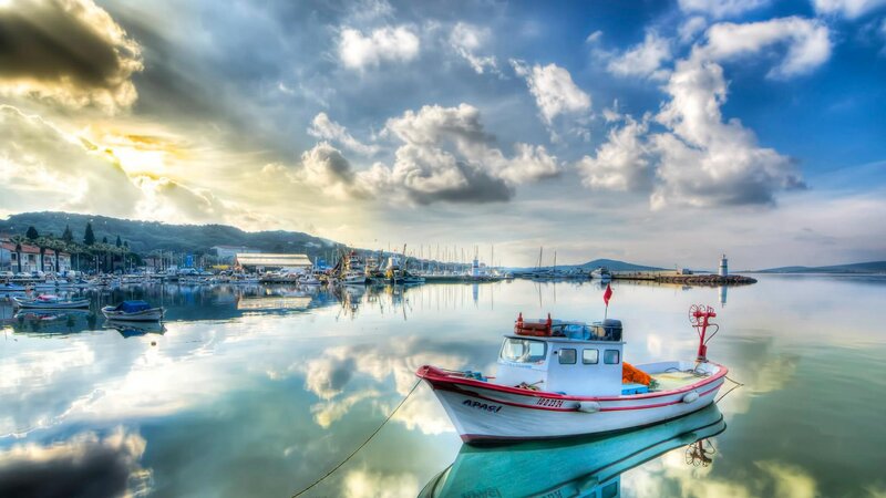 Fishing Boat in Harbor — Blue, Serene, Sunrise