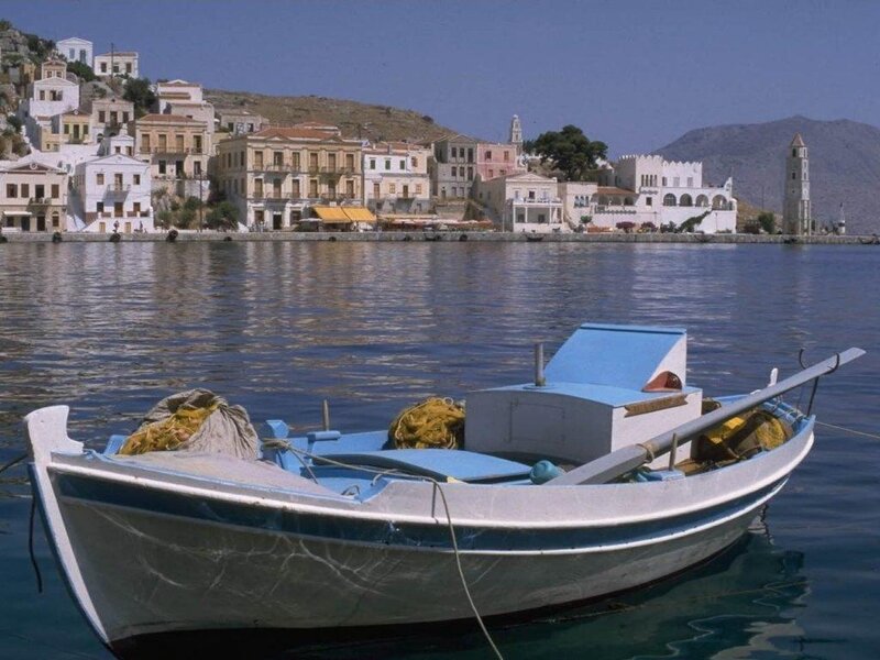 Fishing Boat in Harbor — Blue, Serene