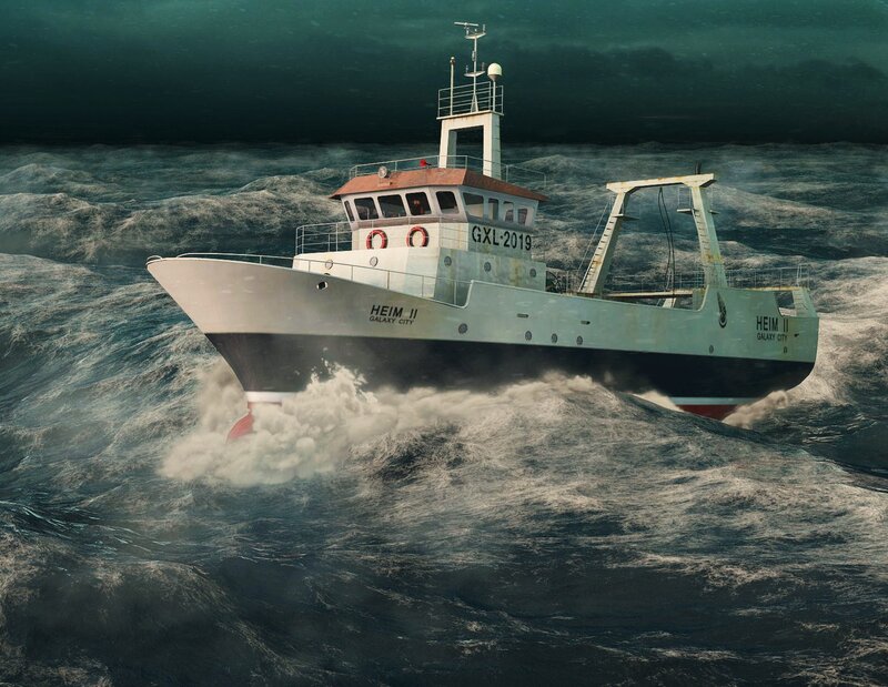 Fishing Boat in Storm — Blue, Dramatic, Digital Art