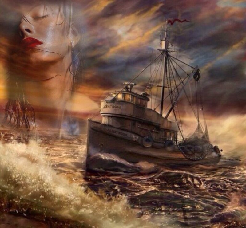 Fishing Boat in Storm — Brown, Dramatic