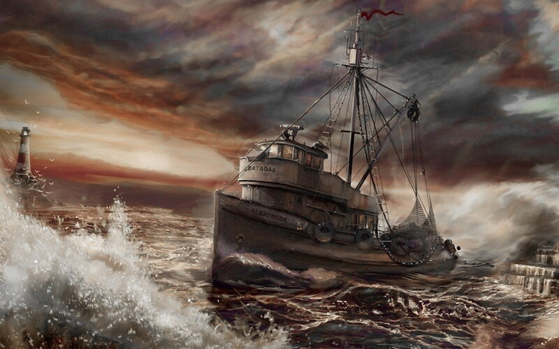 Fishing Boat in Storm — Brown