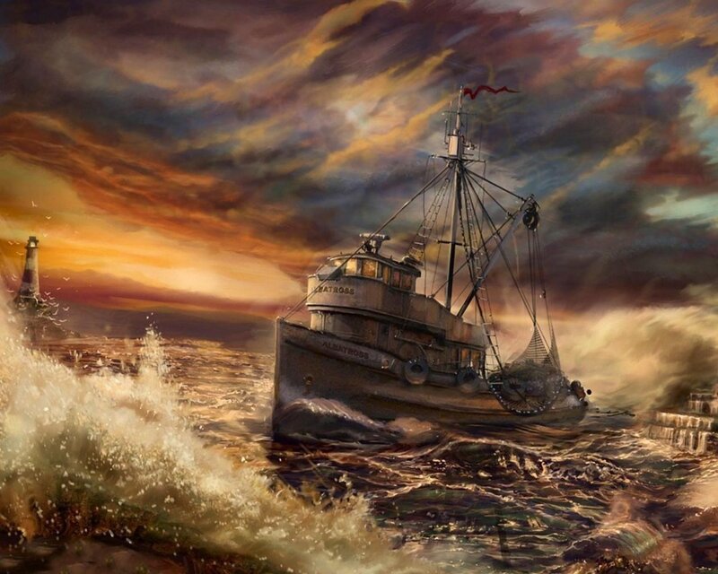Fishing boat in stormy sea