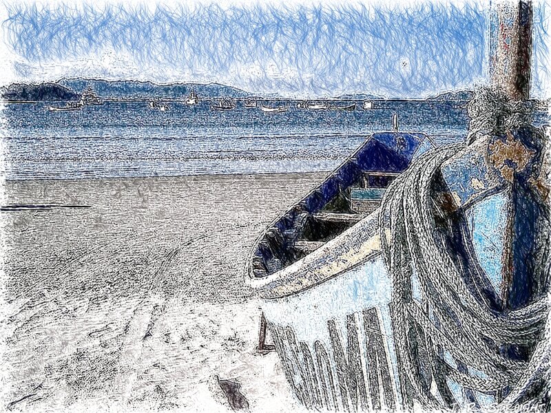 Fishing Boat on Beach — Blue, Calm