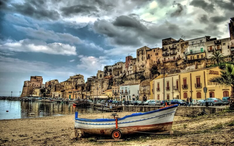Fishing Boat on Beach — Blue, Dramatic
