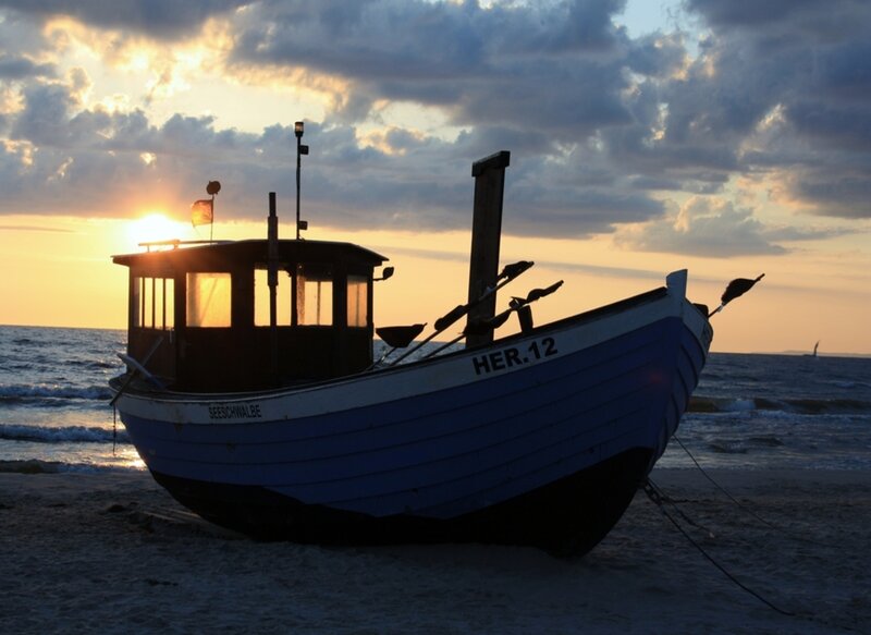 Fishing Boat on Beach — Blue, Serene, Sunset