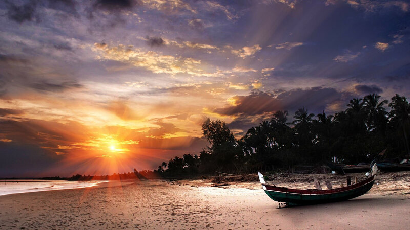 Fishing Boat on Beach — Orange, Dramatic, Sunset, Photograph, Palm Trees