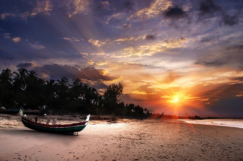 Fishing Boat on Beach — Orange, Dramatic, Sunset, Photograph