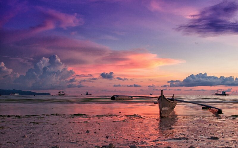 Fishing Boat on Beach — Purple