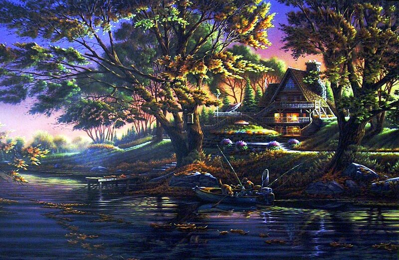 Fishing Boat on Lake — Blue, Serene