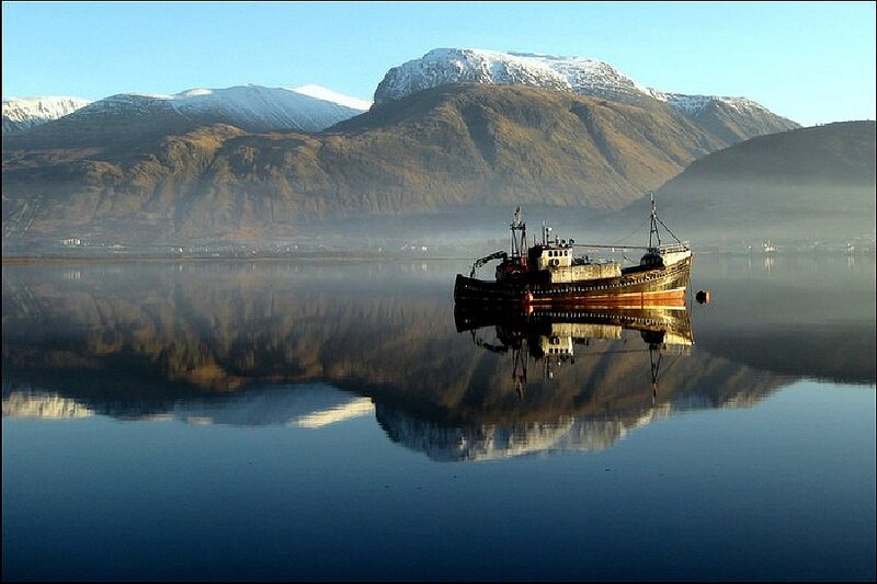 Fishing Boat on Lake — Blue