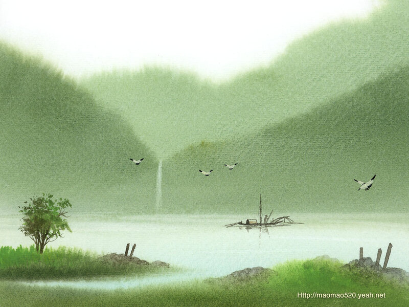 Fishing Boat on Lake — Green