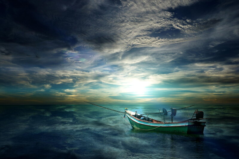 Fishing Boat on Ocean — Blue, Dramatic