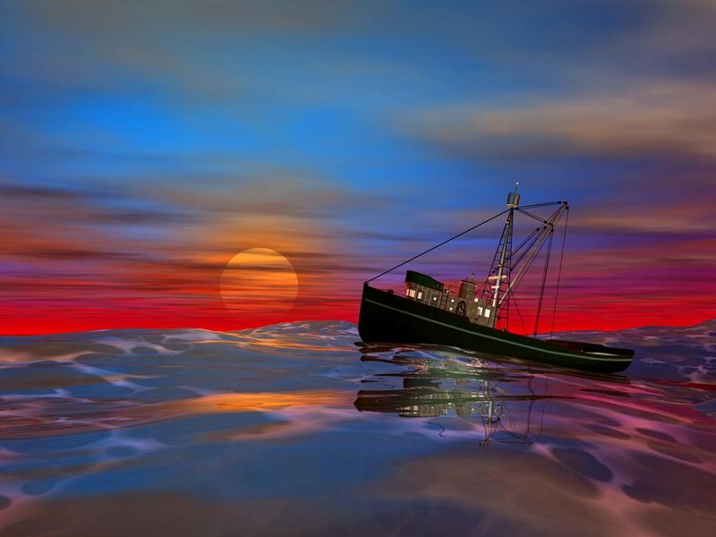 Fishing Boat on Ocean — Blue