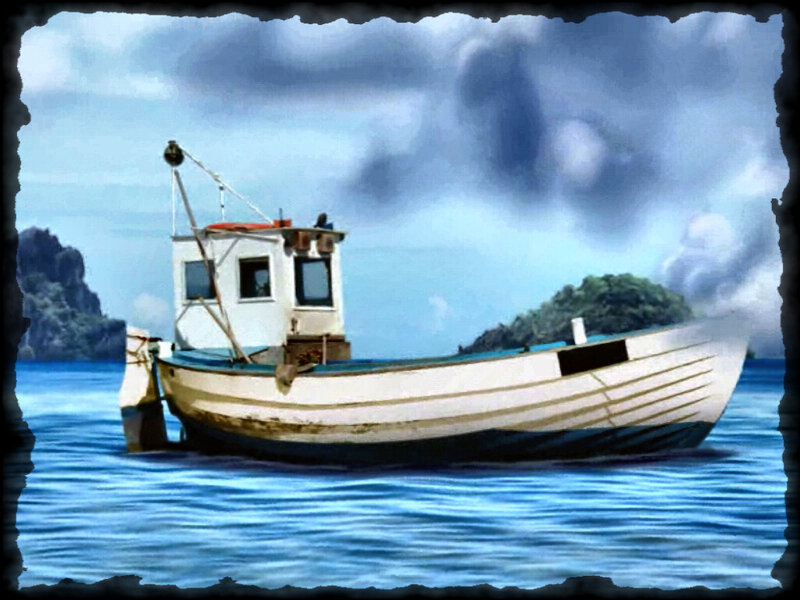 Fishing Boat on Water — Blue, Dramatic