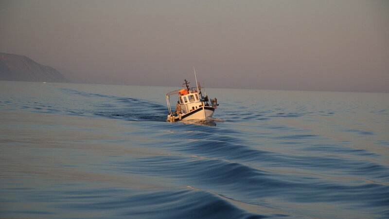 Fishing Boat on Water — Blue, Serene