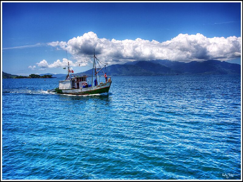 Fishing Boat on Water — Blue