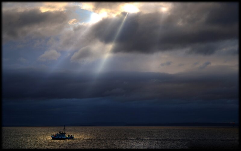 Fishing Boat on Water — Gray
