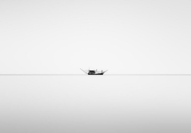 Fishing Boat on Water — White