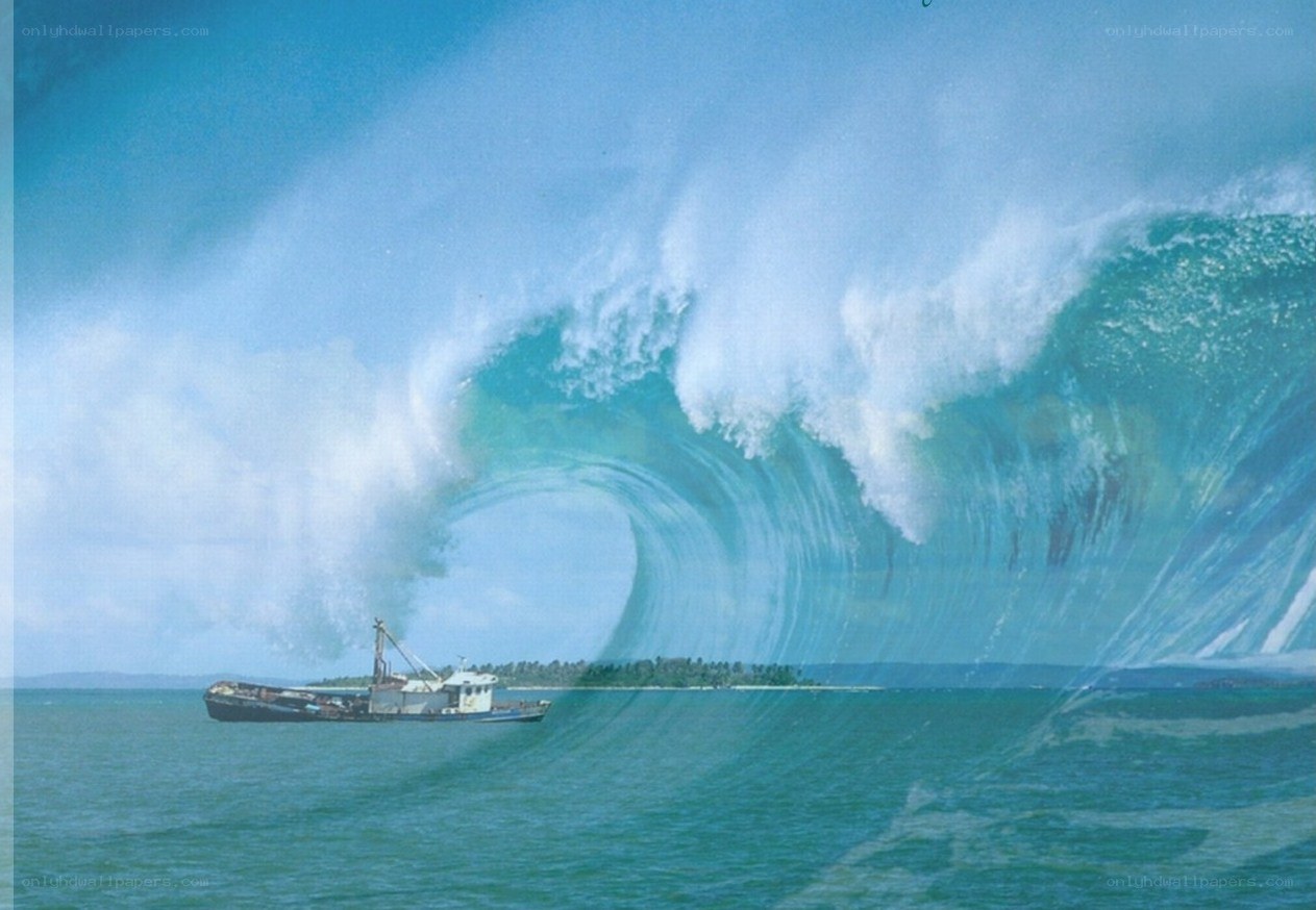 Fishing boat under a large wave