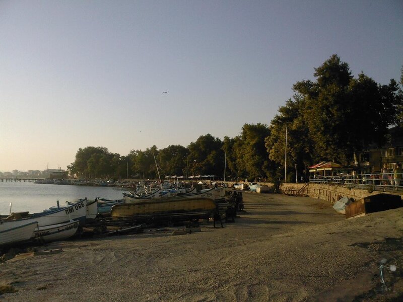 Fishing boats at a coastal harbor