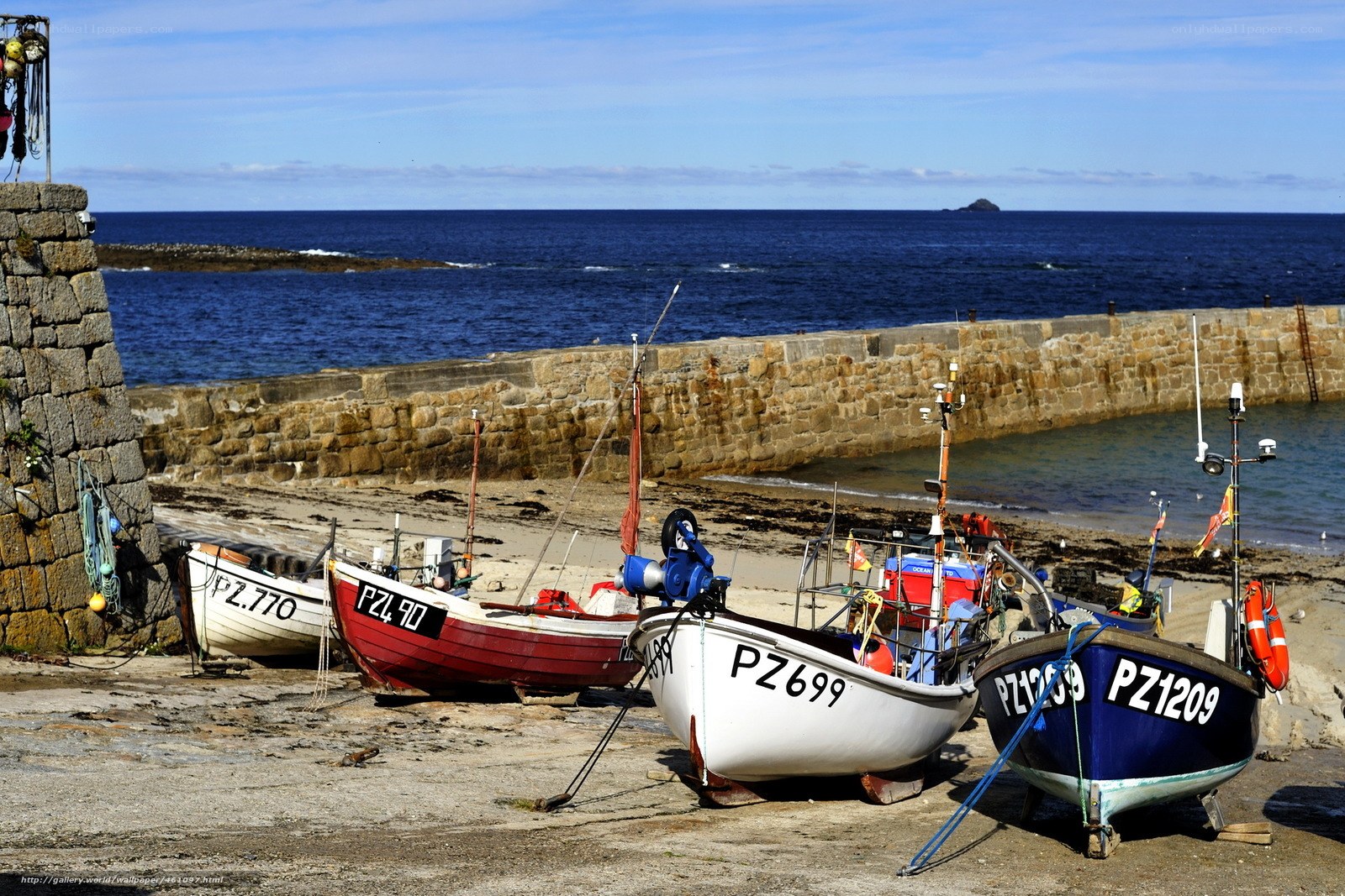 Fishing boats at a coastal harbor
