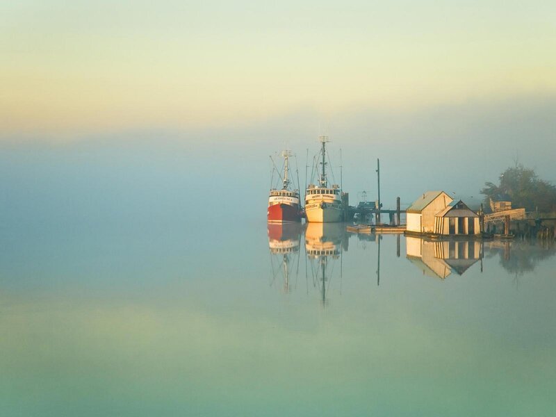 Fishing boats at dawn in fog