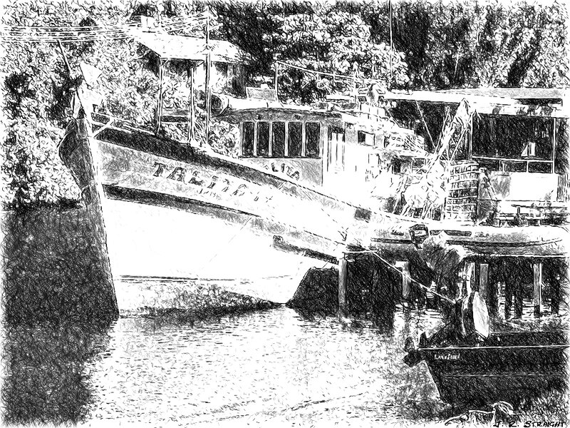 Fishing Boats at Dock — Black, Calm