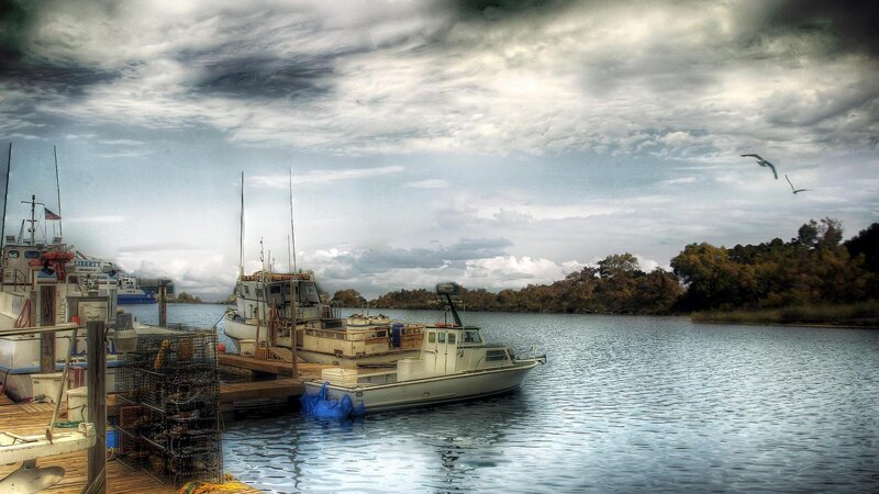 Fishing Boats at Dock — Blue, Dramatic, Afternoon