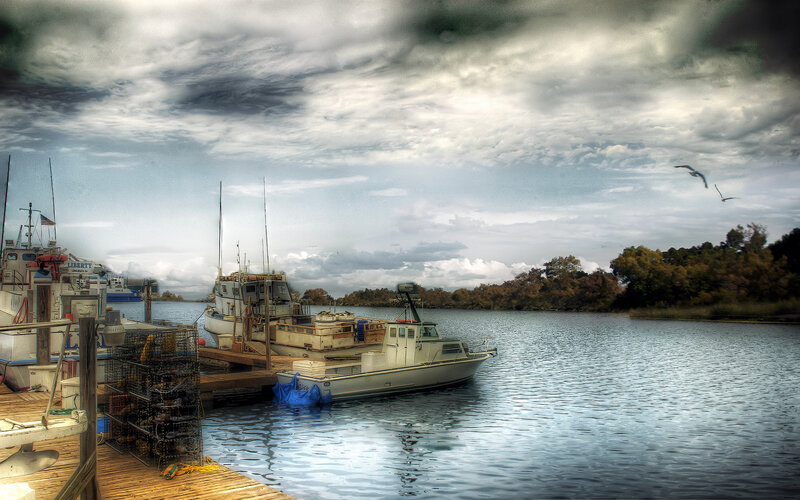 Fishing Boats at Dock — Blue, Dramatic