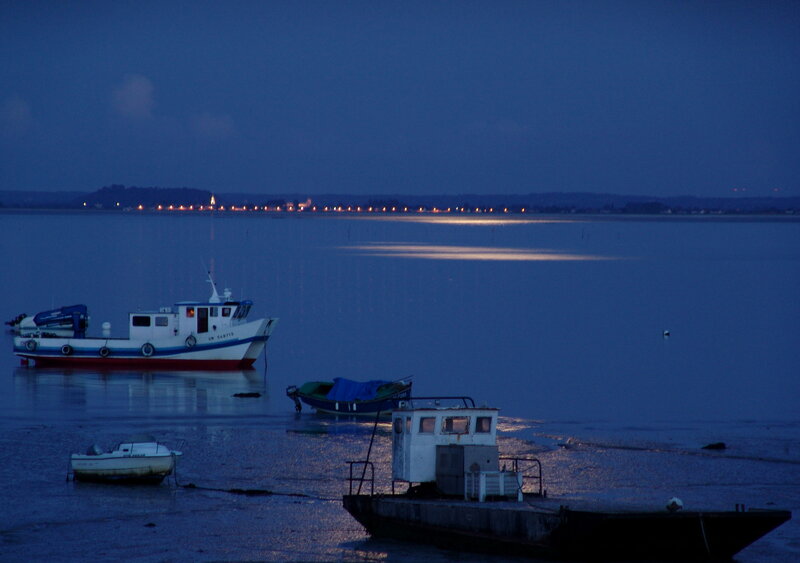 Fishing Boats at Dusk — Blue