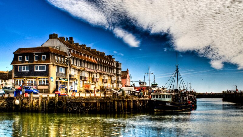 Fishing Boats at Harbor — Blue, Dramatic