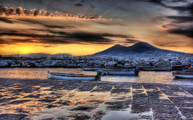 Fishing Boats at Harbor — Orange, Dramatic, Sunset