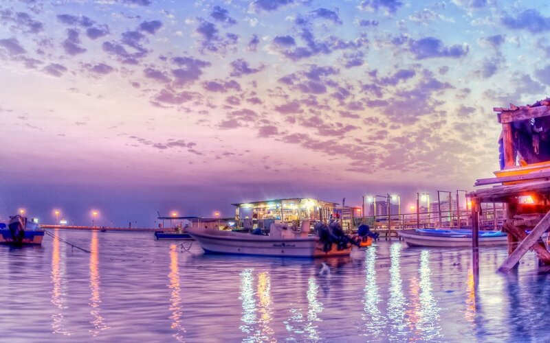 Fishing Boats at Harbor — Purple