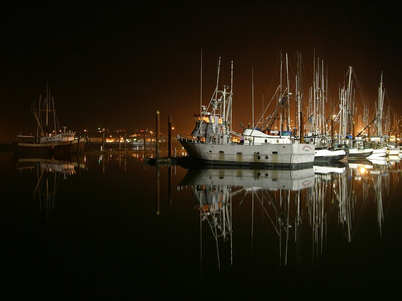 Fishing boats at night in harbor