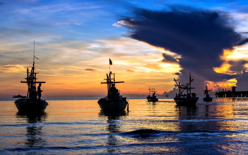 Fishing Boats at Sunset — Blue, Dramatic, Photograph, Sea, Sky, Clouds