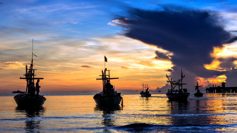 Fishing Boats at Sunset — Blue, Dramatic, Photograph, Sea