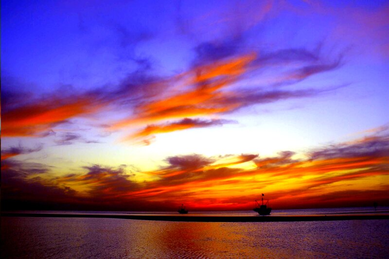 Fishing Boats at Sunset — Blue, Dramatic, Photograph, Sky