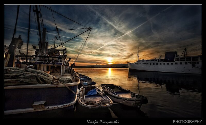 Fishing Boats at Sunset — Blue, Dramatic