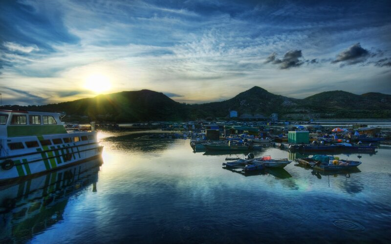 Fishing Boats at Sunset — Blue, Serene, Photograph, Mountains