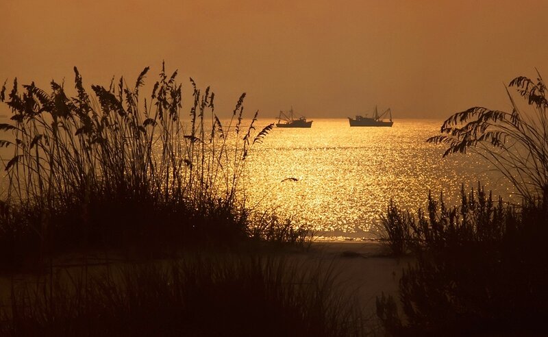 Fishing Boats at Sunset — Gold