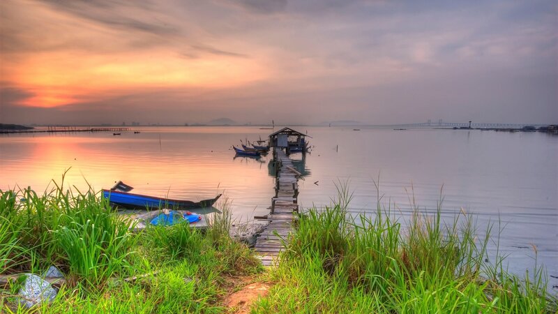 Fishing Boats at Sunset — Green