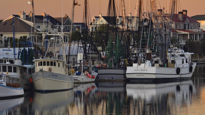 Fishing boats at sunset in Charleston